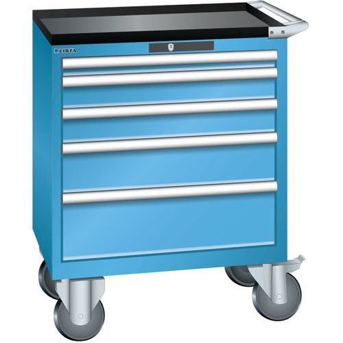 Mobilní dílenská zásuvková skříň LISTA, 5 zásuvek = 1x50 + 2x100 + 1x150 + 1x200mm, 717x572x962mm, světle modrá