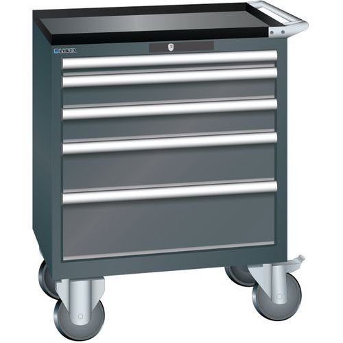 Mobilní dílenská zásuvková skříň LISTA, 5 zásuvek = 1x50 + 2x100 + 1x150 + 1x200mm, 717x572x962mm, černá