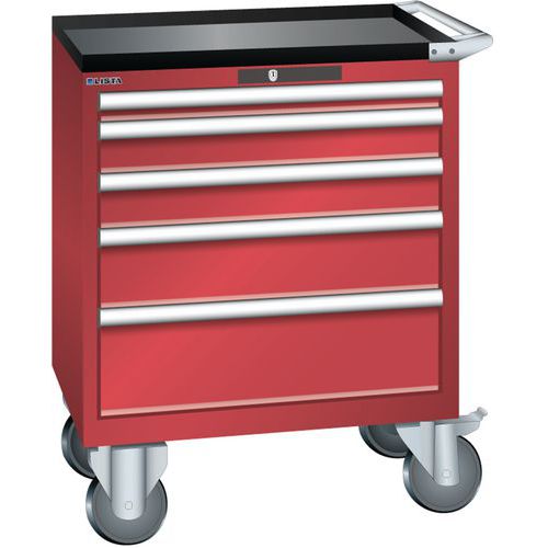 Mobilní dílenská zásuvková skříň LISTA, 5 zásuvek = 1x50 + 2x100 + 1x150 + 1x200mm, 717x572x962mm, červená