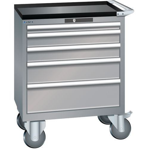 Mobilní dílenská zásuvková skříň LISTA, 5 zásuvek = 1x50 + 2x100 + 1x150 + 1x200mm, 717x572x962mm, šedá/stříbrná