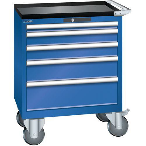 Mobilní dílenská zásuvková skříň LISTA, 5 zásuvek = 1x50 + 2x100 + 1x150 + 1x200mm, 717x572x962mm, fluorescentní modrá