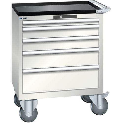 Mobilní dílenská zásuvková skříň LISTA, 5 zásuvek = 1x50 + 2x100 + 1x150 + 1x200mm, 717x572x962mm, světle šedá