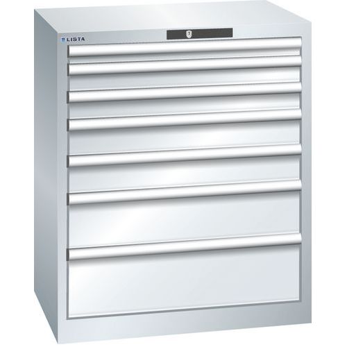 Dílenská zásuvková skříň LISTA, 7 zásuvek = 1x50 + 2x75 + 2x100 + 1x150 +1x200mm, 717x572x850mm, šedá