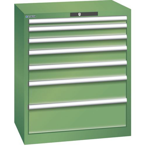 Dílenská zásuvková skříň LISTA, 7 zásuvek = 1x50 + 2x75 + 2x100 + 1x150 +1x200mm, 717x572x850mm, zelená
