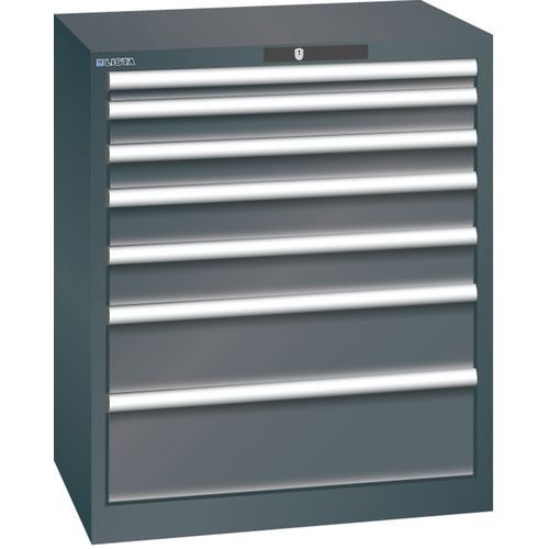 Dílenská zásuvková skříň LISTA, 7 zásuvek = 1x50 + 2x75 + 2x100 + 1x150 +1x200mm, 717x572x850mm, černá