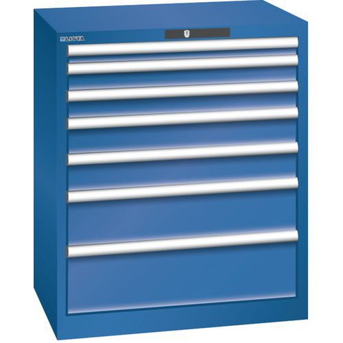 Dílenská zásuvková skříň LISTA, 7 zásuvek = 1x50 + 2x75 + 2x100 + 1x150 +1x200mm, 717x572x850mm, tmavě modrá