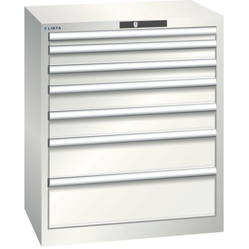 Dílenská zásuvková skříň LISTA, 7 zásuvek = 1x50 + 2x75 + 2x100 + 1x150 +1x200mm, 717x572x850mm, světle šedá