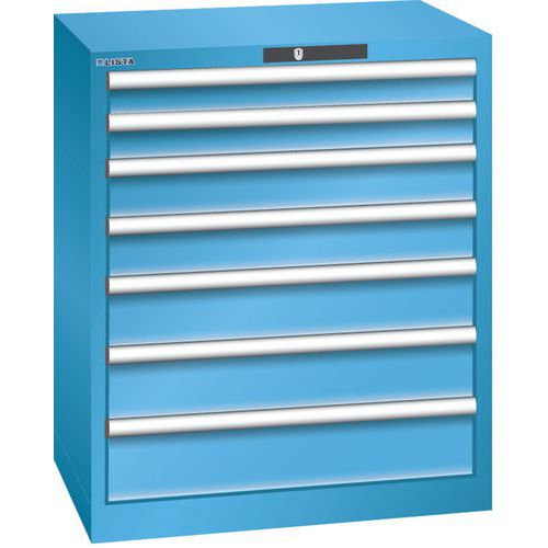 Dílenská zásuvková skříň LISTA, 7 zásuvek = 2x75 + 2x100 + 2x125 + 1x150mm, 717x572x850mm, světle modrá