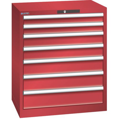 Dílenská zásuvková skříň LISTA, 7 zásuvek = 2x75 + 2x100 + 2x125 + 1x150mm, 717x572x850mm, červená