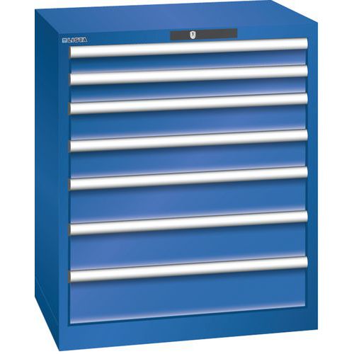 Dílenská zásuvková skříň LISTA, 7 zásuvek = 2x75 + 2x100 + 2x125 + 1x150mm, 717x572x850mm, fluorescentní modrá