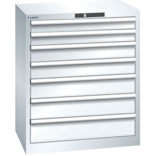 Dílenská zásuvková skříň LISTA, 7 zásuvek = 2x75 + 2x100 + 2x125 + 1x150mm, 717x572x850mm, bílá