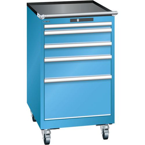 Mobilní dílenská zásuvková skříň LISTA, 5 zásuvek = 1x50 + 2x100 + 1x150 + 1x300mm, 564x725x990mm, světle modrá