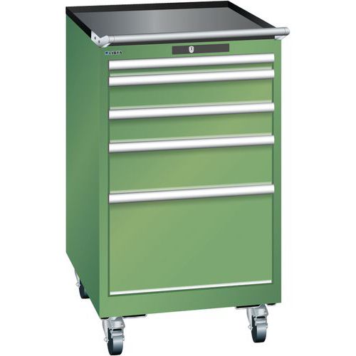 Mobilní dílenská zásuvková skříň LISTA, 5 zásuvek = 1x50 + 2x100 + 1x150 + 1x300mm, 564x725x990mm, zelená
