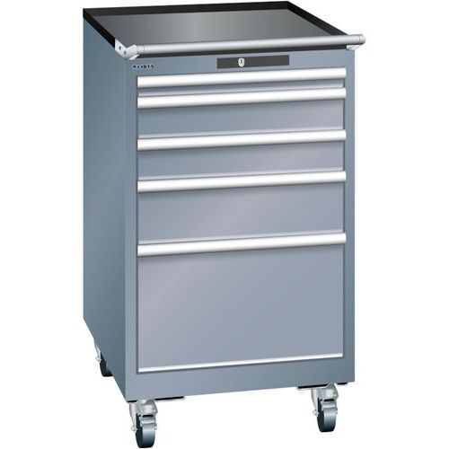 Mobilní dílenská zásuvková skříň LISTA, 5 zásuvek = 1x50 + 2x100 + 1x150 + 1x300mm, 564x725x990mm, tmavě šedá