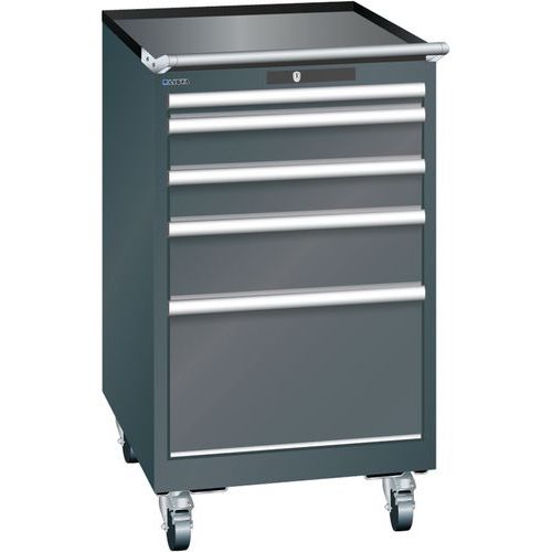 Mobilní dílenská zásuvková skříň LISTA, 5 zásuvek = 1x50 + 2x100 + 1x150 + 1x300mm, 564x725x990mm, černá