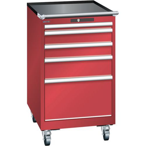 Mobilní dílenská zásuvková skříň LISTA, 5 zásuvek = 1x50 + 2x100 + 1x150 + 1x300mm, 564x725x990mm, červená