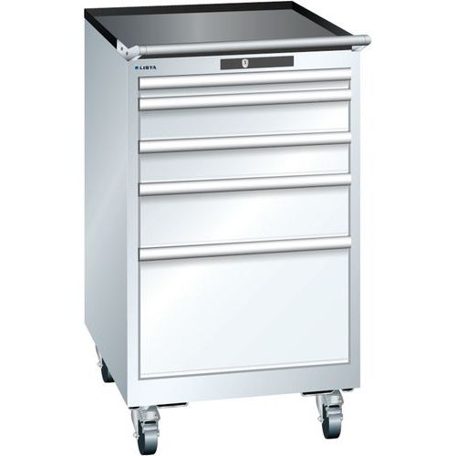 Mobilní dílenská zásuvková skříň LISTA, 5 zásuvek = 1x50 + 2x100 + 1x150 + 1x300mm, 564x725x990mm, bílá