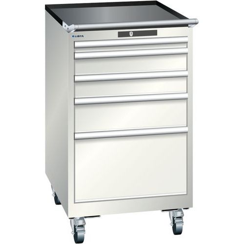 Mobilní dílenská zásuvková skříň LISTA, 5 zásuvek = 1x50 + 2x100 + 1x150 + 1x300mm, 564x725x990mm, světle šedá