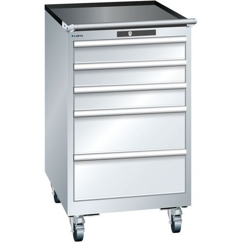 Mobilní dílenská zásuvková skříň LISTA, 5 zásuvek = 3x100 + 2x200mm, 564x725x990mm, šedá