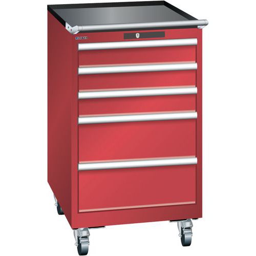 Mobilní dílenská zásuvková skříň LISTA, 5 zásuvek = 3x100 + 2x200mm, 564x725x990mm, červená