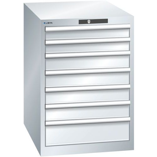 Dílenská zásuvková skříň LISTA, 7 zásuvek = 2 x 75 / 4 x 100 / 1 x 150, 564x725x800 mm, šedá