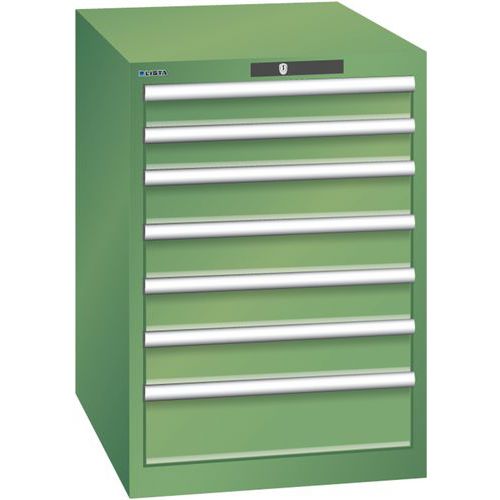 Dílenská zásuvková skříň LISTA, 7 zásuvek = 2 x 75 / 4 x 100 / 1 x 150, 564x725x800 mm, zelená