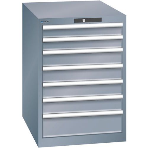 Dílenská zásuvková skříň LISTA, 7 zásuvek = 2 x 75 / 4 x 100 / 1 x 150, 564x725x800 mm, tmavě šedá