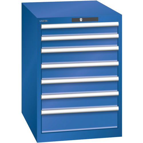 Dílenská zásuvková skříň LISTA, 7 zásuvek = 2 x 75 / 4 x 100 / 1 x 150, 564x725x800 mm, fluorescentní modrá