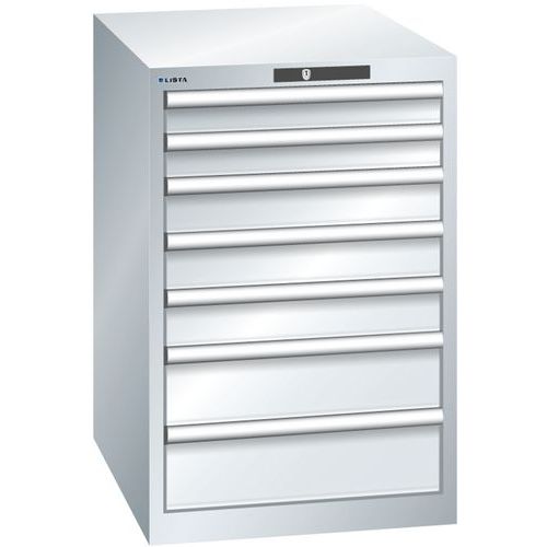 Dílenská zásuvková skříň LISTA, 7 zásuvek = 2x 75 + 3x 100 + 2x 150mm, 564x725x850mm, šedá
