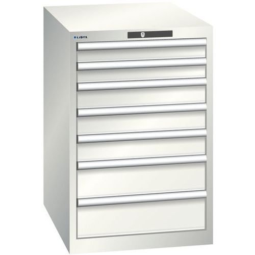 Dílenská zásuvková skříň LISTA, 7 zásuvek = 2x 75 + 3x 100 + 2x 150mm, 564x725x850mm, světle šedá