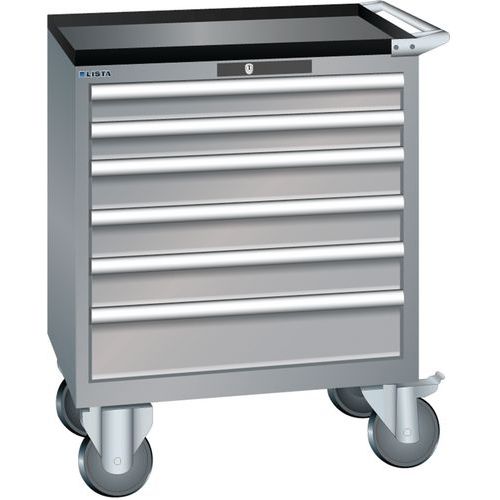 Mobilní dílenská zásuvková skříň LISTA, 6 zásuvek = 717x572x962mm, šedá/stříbrná