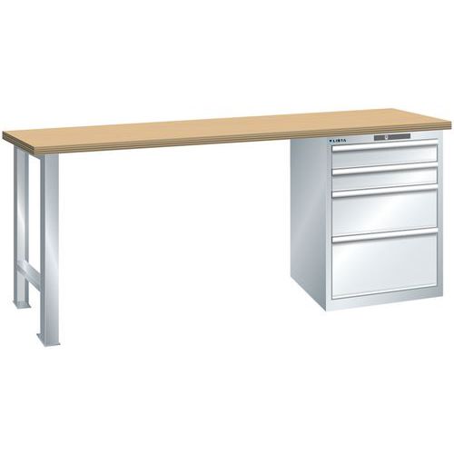 Dílenský pracovní stůl LISTA, 1500x700x840mm, 4 zásuvky, nosnost 1500 kg, šedá