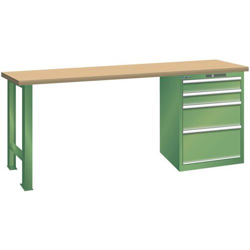 Dílenský pracovní stůl LISTA, 1500x700x840mm, 4 zásuvky, nosnost 1500 kg, zelená
