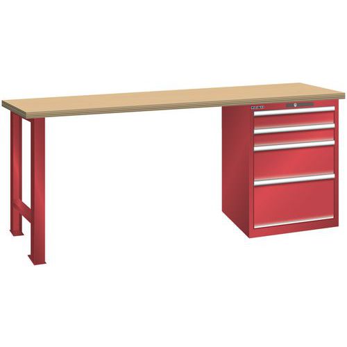 Dílenský pracovní stůl LISTA, 1500x700x840mm, 4 zásuvky, nosnost 1500 kg, červená