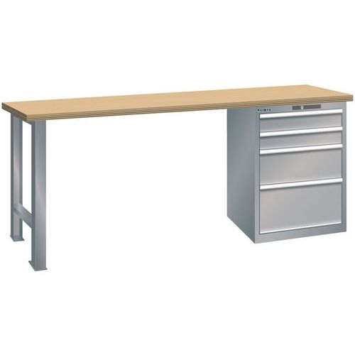 Dílenský pracovní stůl LISTA, 1500x700x840mm, 4 zásuvky, nosnost 1500 kg, šedá/stříbrná