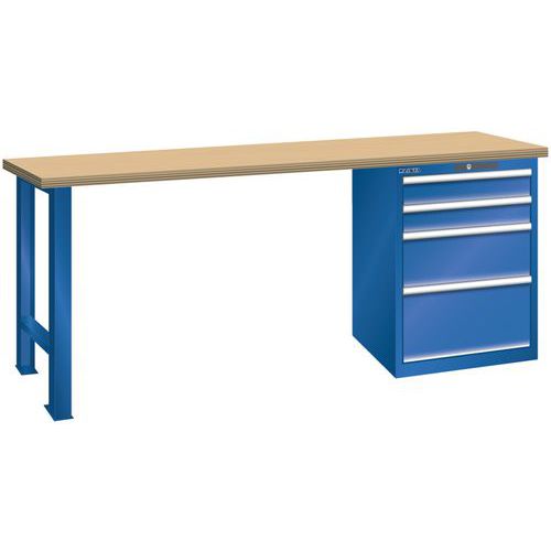 Dílenský pracovní stůl LISTA, 1500x700x840mm, 4 zásuvky, nosnost 1500 kg, fluorescentně modrá