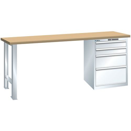 Dílenský pracovní stůl LISTA, 1500x700x840mm, 4 zásuvky, nosnost 1500 kg, bílá