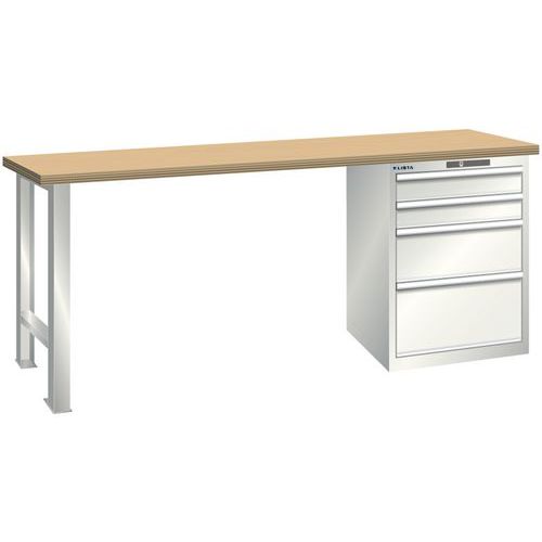Dílenský pracovní stůl LISTA, 1500x700x840mm, 4 zásuvky, nosnost 1500 kg, světle šedá