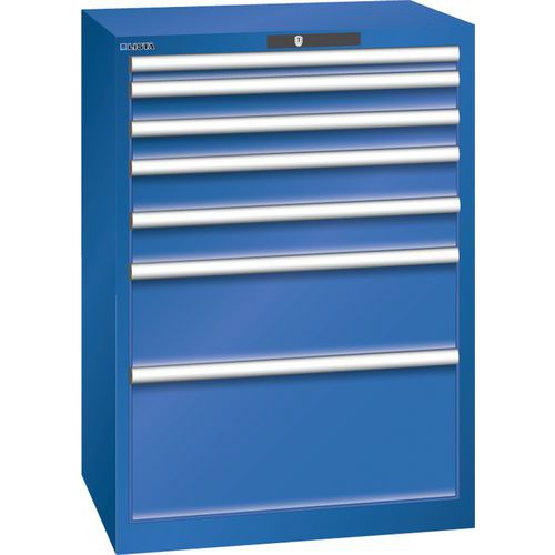 Dílenská zásuvková skříň LISTA, 7 zásuvek = 1x50 + 2x75 + 2x100 + 1x200 + 1x300mm, 717x572x1000mm, fluorescentní modrá