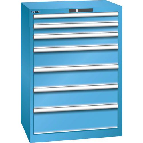 Dílenská zásuvková skříň LISTA, 7 zásuvek =2x75 + 1x100 + 3x150 + 1x200mm, 717x572x1000mm, světle modrá