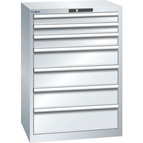 Dílenská zásuvková skříň LISTA, 7 zásuvek =2x75 + 1x100 + 3x150 + 1x200mm, 717x572x1000mm, šedá