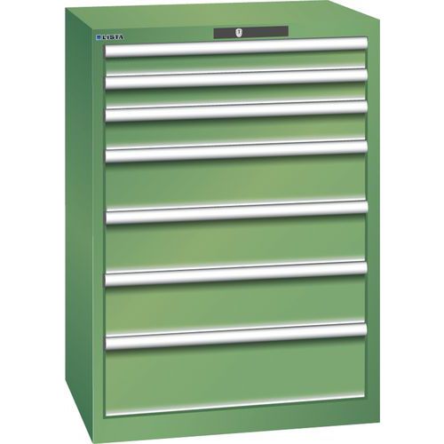 Dílenská zásuvková skříň LISTA, 7 zásuvek =2x75 + 1x100 + 3x150 + 1x200mm, 717x572x1000mm, zelená