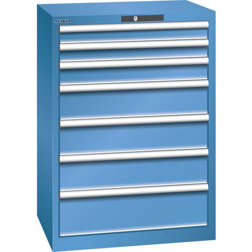 Dílenská zásuvková skříň LISTA, 7 zásuvek =2x75 + 1x100 + 3x150 + 1x200mm, 717x572x1000mm, modrá