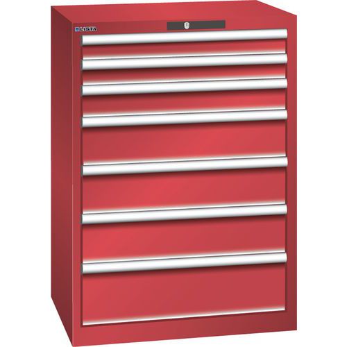 Dílenská zásuvková skříň LISTA, 7 zásuvek =2x75 + 1x100 + 3x150 + 1x200mm, 717x572x1000mm, červená
