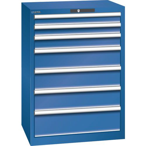Dílenská zásuvková skříň LISTA, 7 zásuvek =2x75 + 1x100 + 3x150 + 1x200mm, 717x572x1000mm, tmavě modrá