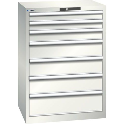 Dílenská zásuvková skříň LISTA, 7 zásuvek =2x75 + 1x100 + 3x150 + 1x200mm, 717x572x1000mm, světle šedá