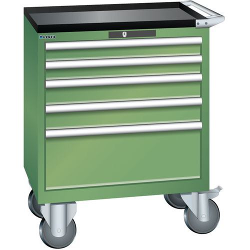 Mobilní dílenská zásuvková skříň LISTA, 5 zásuvek = 2x75 + 2x100 + 1x250mm, 717x572x962mm, zelená