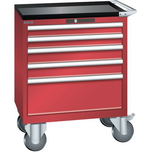 Mobilní dílenská zásuvková skříň LISTA, 5 zásuvek = 2x75 + 2x100 + 1x250mm, 717x572x962mm, červená