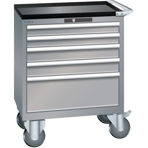 Mobilní dílenská zásuvková skříň LISTA, 5 zásuvek = 2x75 + 2x100 + 1x250mm, 717x572x962mm, šedá/stříbrná