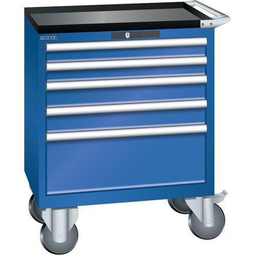 Mobilní dílenská zásuvková skříň LISTA, 5 zásuvek = 2x75 + 2x100 + 1x250mm, 717x572x962mm, fluorescentní modrá